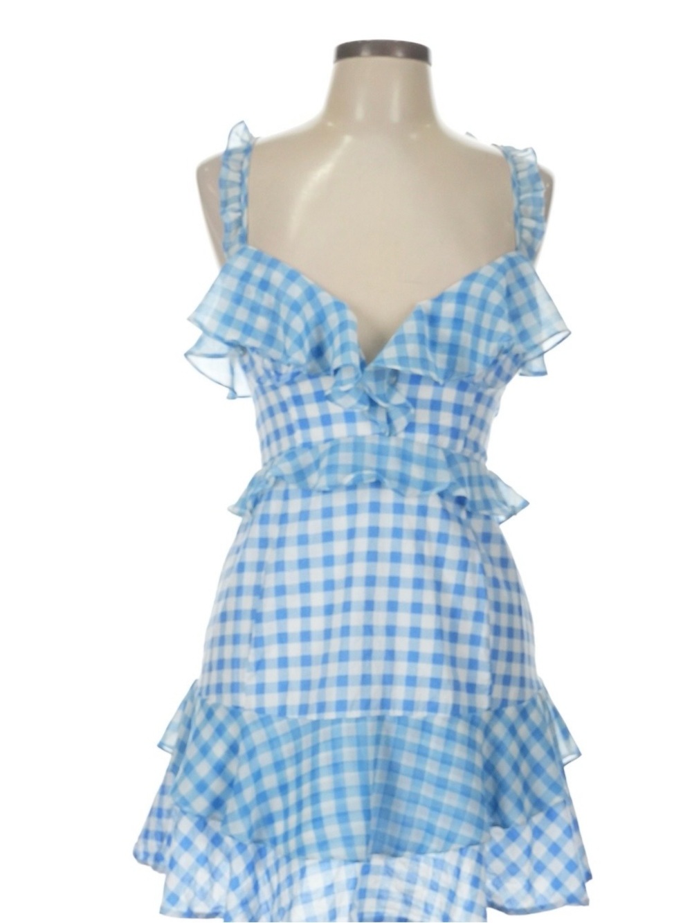 For Love And Lemons Blue and White Gingham Ruffle Mini Dress